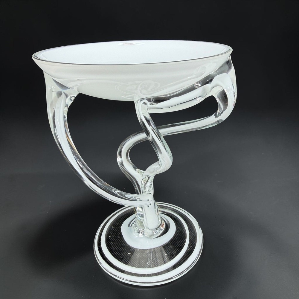 Krosno Poland Art Glass Pedestal Bowl Dish White Twisted Stem MCM Jellyfish VTG